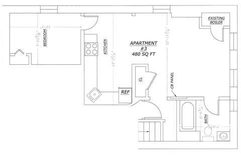 A floor plan of apartment #3 shows a 7'11" x 11' bedroom, a 14' x 14' kitchen, and a 12' x 14' living room.